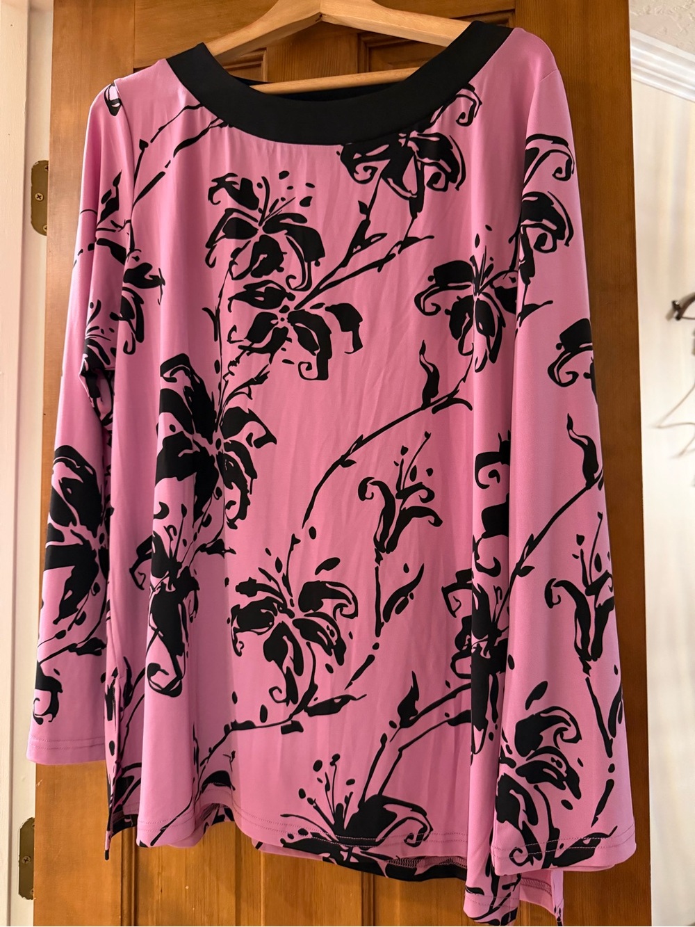 Bob Mackie Pink Long-Sleeve Top with Black Floral Motif